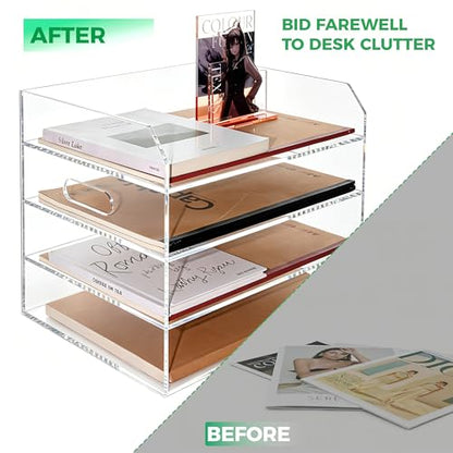 Paper Tray Organizer for Desk, 4 Tier Acrylic Desk Organizers and Accessories, One-Piece Integrated A4 Paper Organizer with Handles, Crystal-Clear Letter Tray & Office File Holder, Books Notes - size: 4-Tier-Horizontal