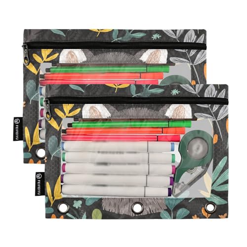 Fustylead Cute Raccoon and Leaves 2 Pack Pencil Pouches for 3 Ring Binder, Big Capacity Binder Pencil Bag with Clear Window for School Office Cosmetic Children Supplies - color: Grey01