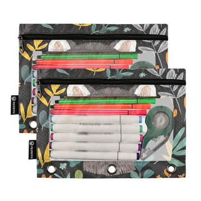 Fustylead Cute Raccoon and Leaves 2 Pack Pencil Pouches for 3 Ring Binder, Big Capacity Binder Pencil Bag with Clear Window for School Office Cosmetic Children Supplies - color: Grey01