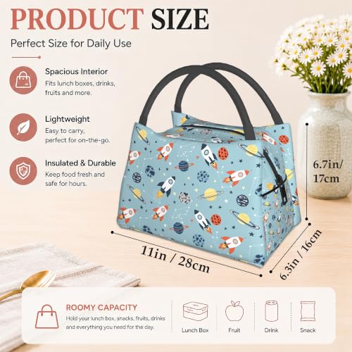 Cartoon Rockets Insulated Lunch Bag,Cute Blue Planets Lunch Box for Women,Girls Boys Thermal Insulation Cooler Tote Bag Lightweight for Student School Work Picnic - color: Cartoon Rockets