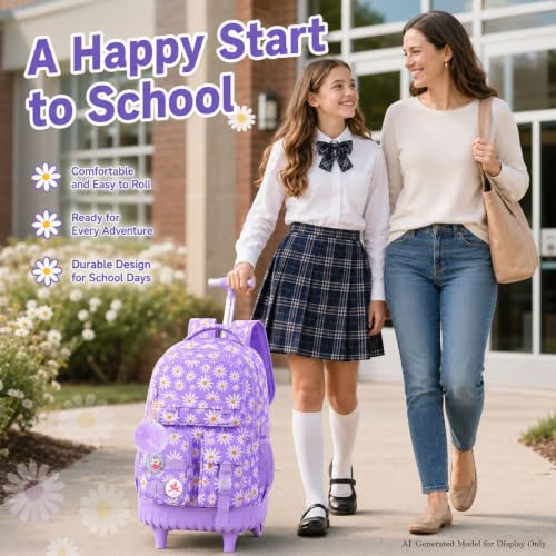 CCJPX Rolling Backpack for Girls, 3Pcs Roller Wheeled School Bookbag, Daisy Wheels Backpacks with Lunch Box for Kids (Purple) - color: Daisy Purple