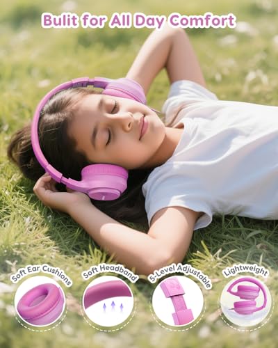 awatrue Kids Headphones, 74/85/94dB Volume Limiter, Foldable Wired Over Ear Headphones for Travel, 3.5mm Jack, Toddler Headphones for School, Chromebook, iPad, Tablet, Pink - color: Pink