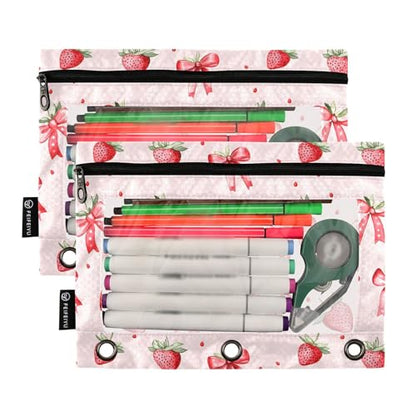 Strawberries Bows Pink Pencil Pouch for 3 Ring Binder 2 Pack Zipper Binder Pencil Bag with Clear Window Pencil Case for Office Supplies - color: Multi23