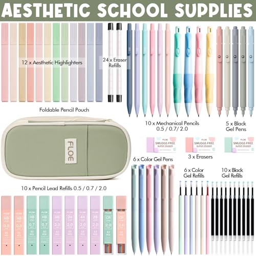 65PCS Aesthetic School Supplies Back to School Supplies Cute Stationary Set | College Essentials Kit with Pencil Case, Pastel Highlighters Gel Pens Mechanical Pencil Set 0.5 0.7 & 2.0mm for Student Girls - color: Green