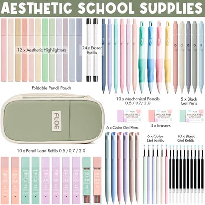 65PCS Aesthetic School Supplies Back to School Supplies Cute Stationary Set | College Essentials Kit with Pencil Case, Pastel Highlighters Gel Pens Mechanical Pencil Set 0.5 0.7 & 2.0mm for Student Girls - color: Green