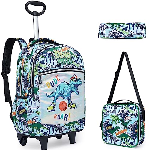 Rolling Backpack Boys Kids Rolling Backpack with Wheels for Boys Wheeled Backpack Carry on Luggage Bookbag with Roller Set for Elementary - color: Dinosaur