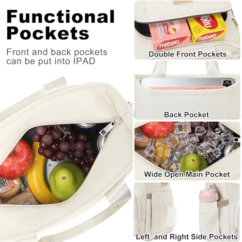 AIJIEKE Large Insulated Lunch Bag for Women Men, Work Lunch Box Tote, Beige | Leakproof, durable multi-compartment cooler. Reusable with shoulder strap. Perfect for travel meal prep, picnic, beach - color: Beige