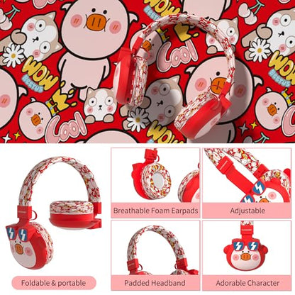 Beerus Kids Bluetooth Headphones, 85dB Volume Limiter, Bluetooth 5.4 & 20H Playtime, Ultra-Soft Foldable Over-Ear Headset with Mic, FM/TF Mode, Cute Animal Design for School Travel - color: Red Piggy
