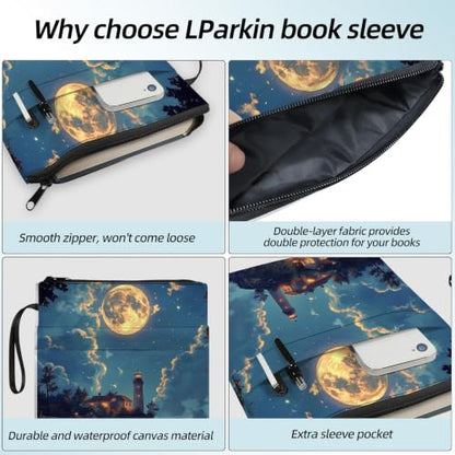 Padded Book Sleeve with Zipper & Front Pocket, Fabric Book Cover | Full Moon Ocean Lighthouse11.4"x8.7" Washable Canvas Pouch for Hardcovers, Tablets & Reading Accessories - color: Full Moon Ocean Lighthouse
