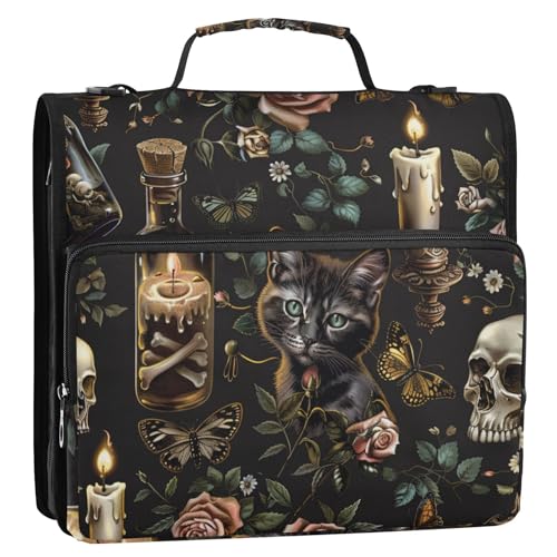 3 Ring Zipper Binder with Shoulder Strap Black Skulls Cats Gothic Style Binder Bag - color: Multicolored 01