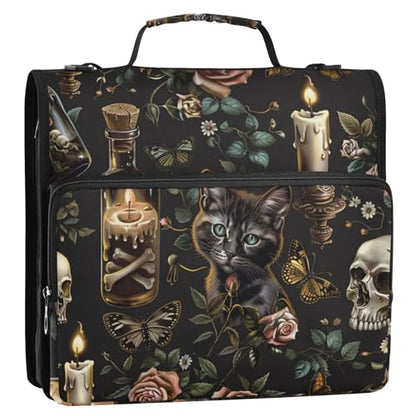 3 Ring Zipper Binder with Shoulder Strap Black Skulls Cats Gothic Style Binder Bag - color: Multicolored 01