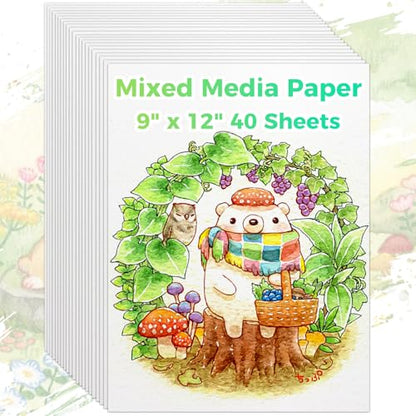 Mixed Media Paper 9" x 12",40 Sheets Multipurpose White Loose Drawing Paper | 98lb/160gsm Heavyweight Art Paper for Sketching, Sketch Book, Gouache, Painting, Sketchbook, Drawing Pad Book, School - size: 9" x 12", 40 sheets, style: loose mixed media drawi