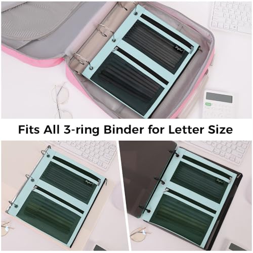 SKYDUE 3 Ring Pencil Pouch for Binder, Zipper Binder Pencil Pouch with 3 Pockets and Mesh Window, Durable Organizer for School Supplies, Cables, Earbuds, Makeup - color: Cyan