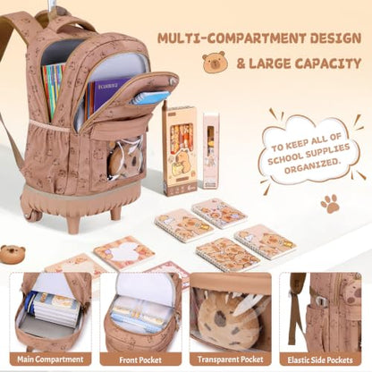 Capybara Theme Rolling Backpack with Lunch Bag & Pencil Case, Kids Rolling Backpack for Girls, Wheeled School Bookbag with Telescoping Handle for Kindergarten Elementary Middle High School - color: Brown