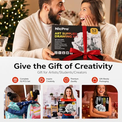 Nicpro 52PCS Art Drawing Supplies Kit, Metal Mechanical Pencil Set 0.5, 0.7, 0.9 & 2mm, 9x12 Sketch Book, 12 Fineliner Pens, 20 Tubes Leads, School Supplies Drawing Kit for Artist Adults Sketching - size: 52
