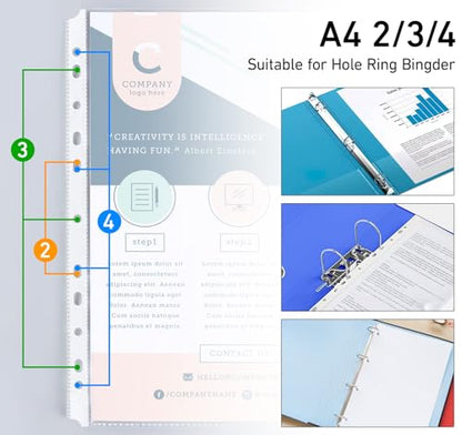 A4 Clear Sheet Protectors 11.81x 8.46in,80 Punched Pocket with Sticky Tabs,120 Micron Heavy Duty Binder Sleeves 11-Hole Plastic Page Protectors Sheet Top Loaded for 2/3/4 Ring Binder Fits A4 Paper - size: A4-80PCS