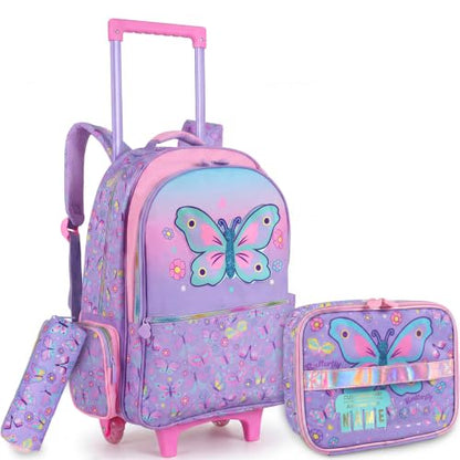 Kids Backpack for Girls with Lunch Box, Rolling Backpack with Wheels, Cute Butterfly Kids Roller Elementary SchoolBag Middle-School Bookbag Back to School Gift - color: L22. Butterfly