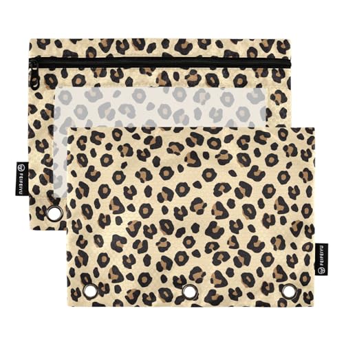 2 Pack 3 Ring Binder Pencil Pouch Leopard Print Pencil Case Pencil Bags with Zipper, Clear PVC Binder Pockets for Office Daily Supplies - color: Color 2