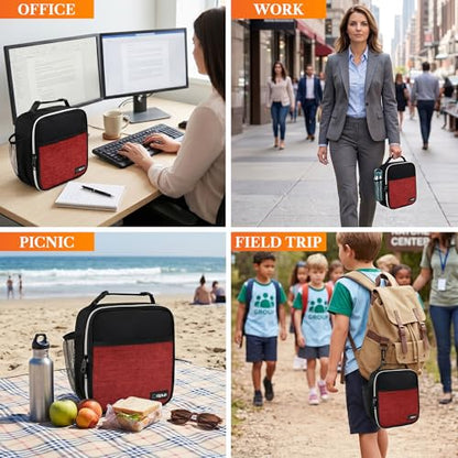 opux Insulated Lunch Bag for Kids Boys Girls, Small Compact Lunch Box with Wide Opening & Mesh Pockets, Reusable Lunch Pail for School, Work, Adults, Men, Women, Heather Red - color: Heather Red