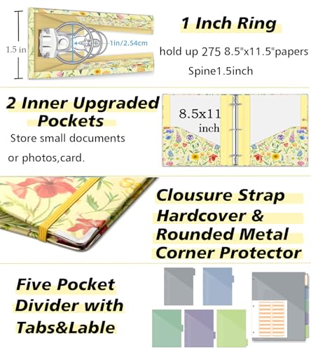 3 Ring Binder 1 Inch, Three Ring Binders Organizer with Clipboard, 5-Tabs Pockets Dividers, Plastic Folder, 18 Divider Stikers, KLLVE Cute Binder with Pen Loop (Garden Party, Letter Size) - color: Garden Party, size: 1in（Letter Size）