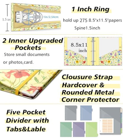 3 Ring Binder 1 Inch, Three Ring Binders Organizer with Clipboard, 5-Tabs Pockets Dividers, Plastic Folder, 18 Divider Stikers, KLLVE Cute Binder with Pen Loop (Garden Party, Letter Size) - color: Garden Party, size: 1in（Letter Size）