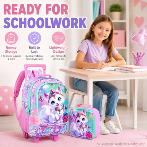3Pcs Rolling Backpack for Girls, Kids Roller School Backpack with Wheels, Fox Wheeled Bookbag for Elementary Preschool Kindergarten(Pink) - color: Fox Pink