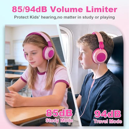 V8 Kids Headphones,Toddler Headphones with Mic, 85/94dB Volume Limiter, Tangle-Free 3.5mm, Stereo Sound, Shared Interface, Adjustable Portable Headphones for School & Travel （Pink） - color: Hot Pink