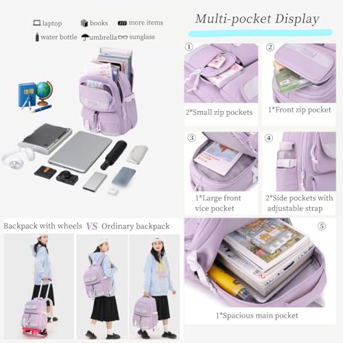 MITOWERMI Rolling Backpack for Girls, Backpack with Wheels for Girls, Kids Roller Trolley Bags Wheeled School Bookbag Purple-6 wheels - color: 6 Wheels-purple