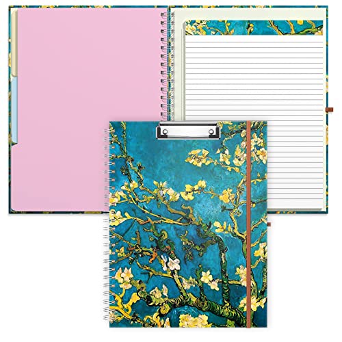 Rimilak Spiral Clipboard Folio with Refillable Lined Notepad, 14.5 x 9.8 in, Hardcover Cover with 5 Interior Pockets, Elastic Band and Pen Loop Series. Cute Stylish Clipfolio, Almond Tree - color: Almond Tree
