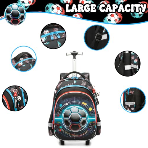 Meetbelify Rolling Backpack for Boys Backpack with Wheels Kids Football Roller Suitcase Travel Luggage for Elementary Student Ages 6-8 - color: Blue Football