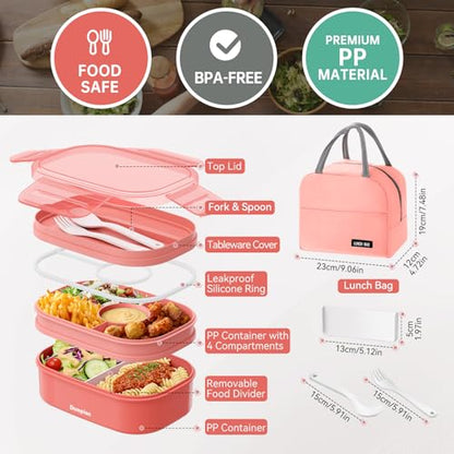 2 Layers Bento Box, All-in-One Stackable Lunch Container with Compartments, 64oz Leakproof Microwave Safe Dishwasher Safe Bento Box with Lunch Bag and Utensil Set for Kids and Adults - color: Pink