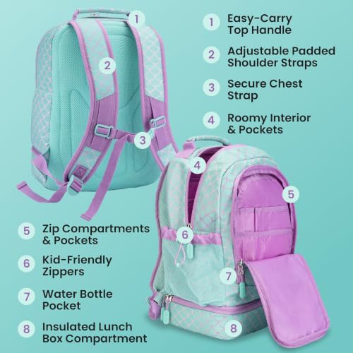 Bentgo Kids 2-in-1 Backpack & Insulated Lunch Bag - Durable 16” Backpack & Lunch Container in Unique Prints for School & Travel - Water Resistant, Padded & Large Compartments (Mermaid Scales) - color: Mermaid Scales