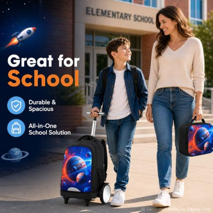 gxtvo Large Wheels & Quiet Glide | Rolling Backpack for Kids - Water-Resistant Wheeled Bag with Lunch Box for School, Travel & Outings - Space Planets - color: Rolling Backpack Space Planets Black