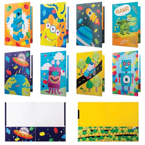 8 Kids Pocket Folders - Homework Folders in Futuristic Robots, Spaceships and Blocks Themes - Kids Folders with Pockets -8 Unique Designs in Front and Back Cover- 2 x 9.25 inch (8 Pack) - style: Futuristic Robots
