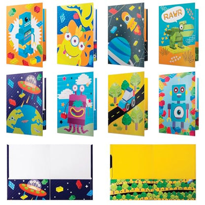 8 Kids Pocket Folders - Homework Folders in Futuristic Robots, Spaceships and Blocks Themes - Kids Folders with Pockets -8 Unique Designs in Front and Back Cover- 2 x 9.25 inch (8 Pack) - style: Futuristic Robots