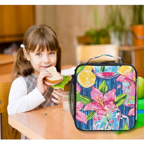 ALAZA Lily Pulitzer Mason Jars Lunch Box Insulated Lunch Bag Kids Cooler Tote Bag Freezable Shoulder Strap Lunchbox for Girls School Picnic - color: Multi888