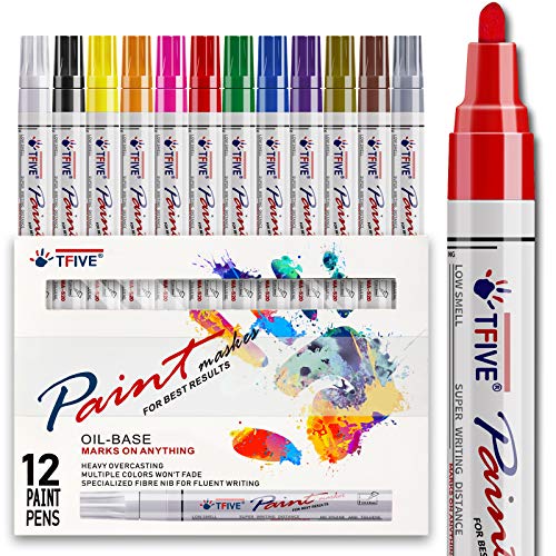 TFIVE 12 Colors Oil Based Paint Markers, Permanent Markers Paint Pens | Never Fade, Waterproof, Quick Dry, Assorted Colors, Medium Tip Marker Pens for Rock Painting, Wood, Metal, Plastic, Canvas