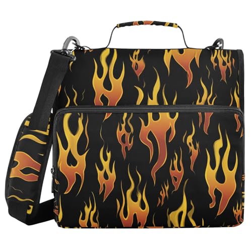Yellow Orange Fire Flames 3 Ring Binder Bag 1.5 inch Binder Organizer with Zipper Shoulder Strap 500 Sheet Documents Storage for School Office - color: A022, size: 13.6 x 12.4 x 3.5 in