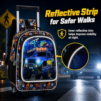 WZLVO 3PCS Boys Wheeled Backpack, 18" Truck Print Rolling Backpack for Kids, Includes Matching Lunch Bag & Pencil Bag - Blue Power Truck - color: 3PCS Boys Rolling Backpack - Blue Power Truck