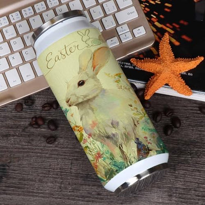 T&H XHome Easter Watercolor Rabbit Spring Flowers Yellow 10oz Stainless Steel Tumbler with Lid & Straw-Double Wall Vacuum Insulated Travel Mug Water Bottle Coffee Beverage Drinks Cup - size: 10 Ounces
