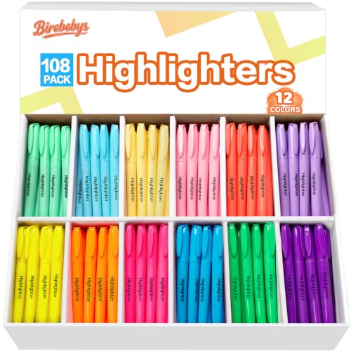 108 Pack Highlighters, 12 Assorted Colors Chisel Tip Highlighters Bulk, No Bleed Bright & Pastel Highlighter for School Supplies, Office Classroom Must Have for Adult Kids Teachers