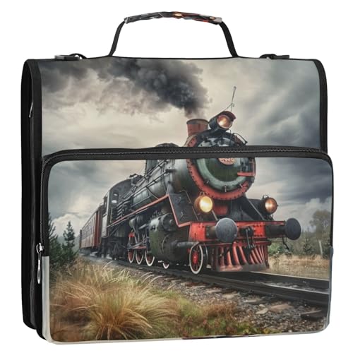 Boccsty Locomotive Train Zipper Binder 3 Ring Binders Expanding File Folder Multi-Pocket Zipper Binder Organizer for School Shoulder Strap and Handle - color: Multicolored 03
