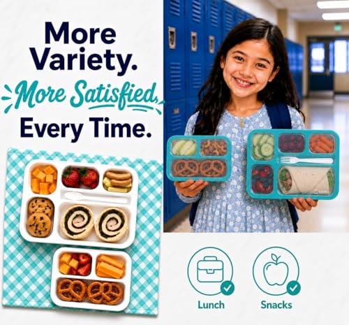 Bento Lunch-Box Set for Kids includes Snack Container | 6 and 3 Compartment Boxes Leakproof School Bentos or Meal Portion Control Containers BPA Free, Boys Girls Adults, Teal Large + MINI 2 pack - color: Teal-Blue Green Large + MINI 2 Pack