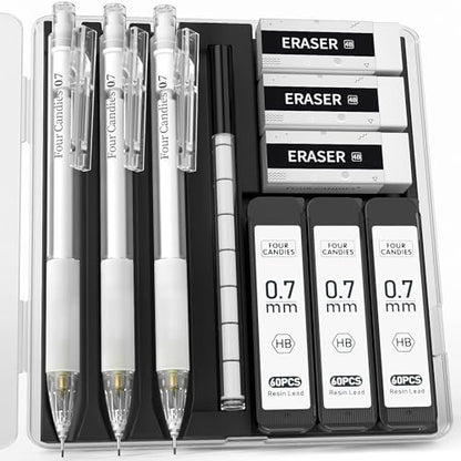 Four Candies Cute Mechanical Pencil Set with Case - 3PCS Pencils 0.7mm with 180PCS HB Lead Refills, 3PCS Erasers, 9PCS Eraser Refills, White Clear Mechanical Pencil for Students Drawing, Writing - size: White-0.7MM