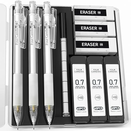 Four Candies Cute Mechanical Pencil Set with Case - 3PCS Pencils 0.7mm with 180PCS HB Lead Refills, 3PCS Erasers, 9PCS Eraser Refills, White Clear Mechanical Pencil for Students Drawing, Writing - size: White-0.7MM