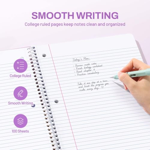 SUNEE Spiral Notebook, 1-Subject, College Ruled Paper, 8" x 10-1/2", 100 Sheets per Notebook, 3-Hole Punched Paper, Water Resistant Cover, Double-sided Pockets, Spiral Lined Notebooks for Work, Purple - color: Purple