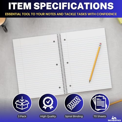 1InTheOffice Spiral Notebook College Ruled, One Subject Spiral Notebook, Spiral Bound Notebook, 10.5" x 8", 3-Hole Punched, 70 Sheets, Assorted Colors, 3 Pack