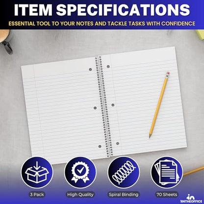 1InTheOffice Spiral Notebook College Ruled, One Subject Spiral Notebook, Spiral Bound Notebook, 10.5" x 8", 3-Hole Punched, 70 Sheets, Assorted Colors, 3 Pack