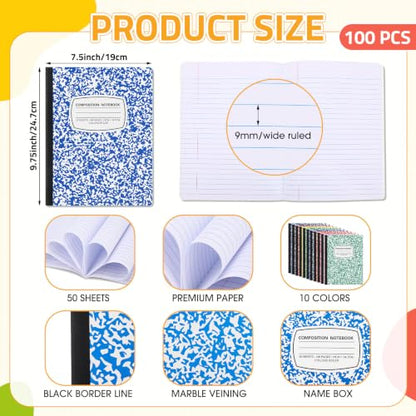 Fainne 100 Pack College Ruled Composition Notebooks B5 Composition Book Bulk 7.5 x 9.8 Inch 50 Sheets/ 100 Pages Marble Cover Journal Notebooks for College Office Back to School Supplies(Multicolor) - color: Multicolor