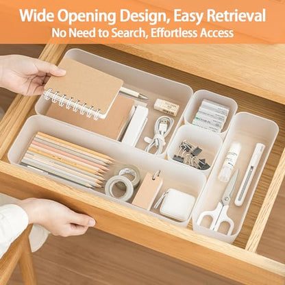 5PCS Frosted Plastic Drawer Organizers Set, 4 Sizes Desk Drawer Divider Organizers and Storage Bins Separation Box for Makeup, Jewelries, Gadgets, Bathroom, Kitchen, Office, Bedroom, Dresser